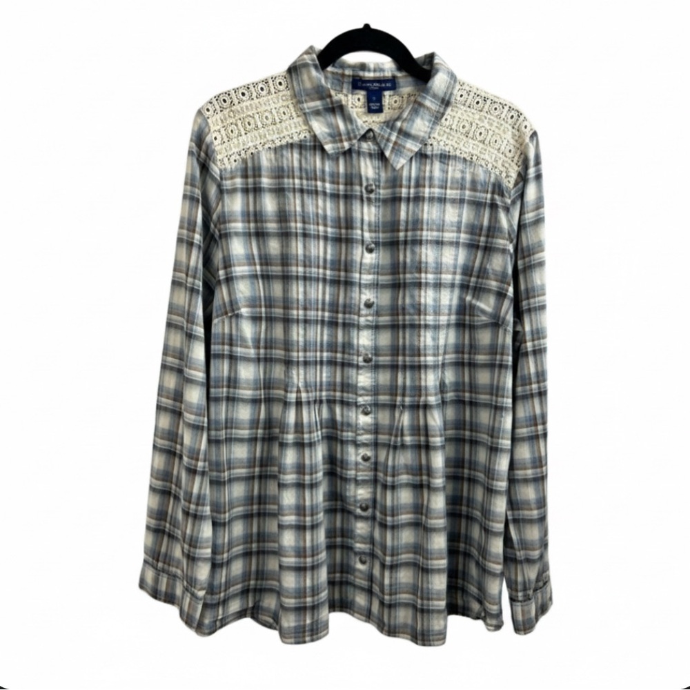 Women’s  Zora Plaid Crochet Lace Yoke 100% Cotton Blouse